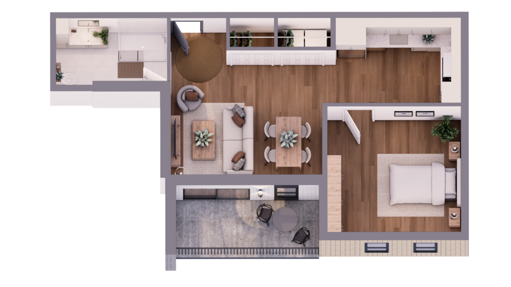 Plan 3D des appartements 107 et 207 au Bretagne, avec une chambre, un salon ouvert sur la cuisine et un balcon
