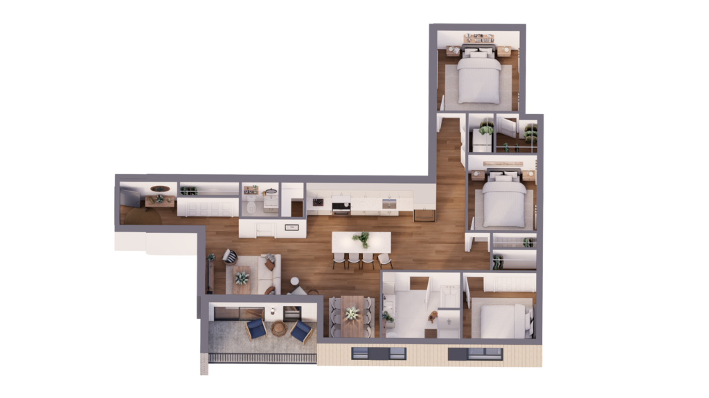 Plan 3D de l’appartement 301 au Bretagne, avec trois chambres, une cuisine avec îlot et un balcon