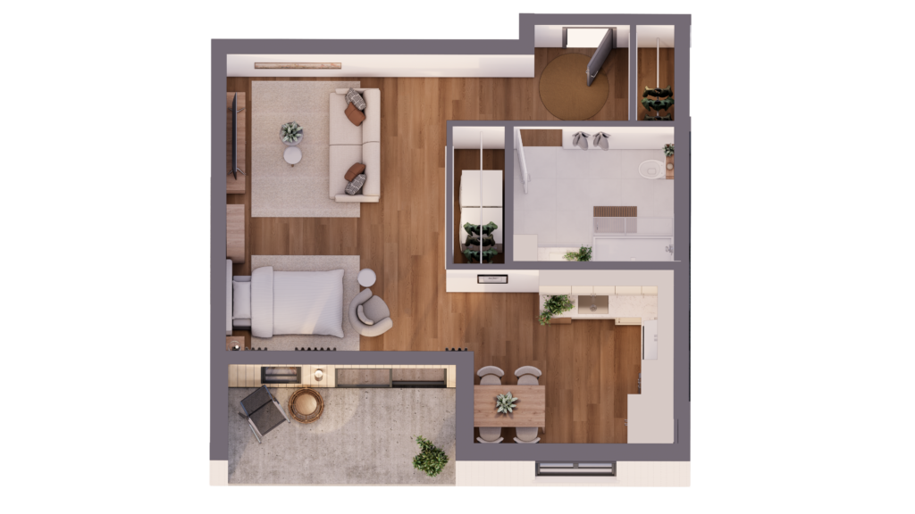 Plan 3D du loft 101 au Bretagne, avec un espace nuit ouvert, un salon, une cuisine et une terrasse
