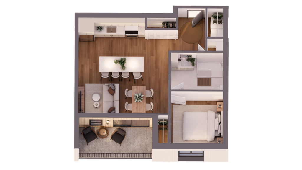 Plan 3D de l’appartement 201 au Bretagne, avec une chambre, une aire de vie ouverte et un balcon