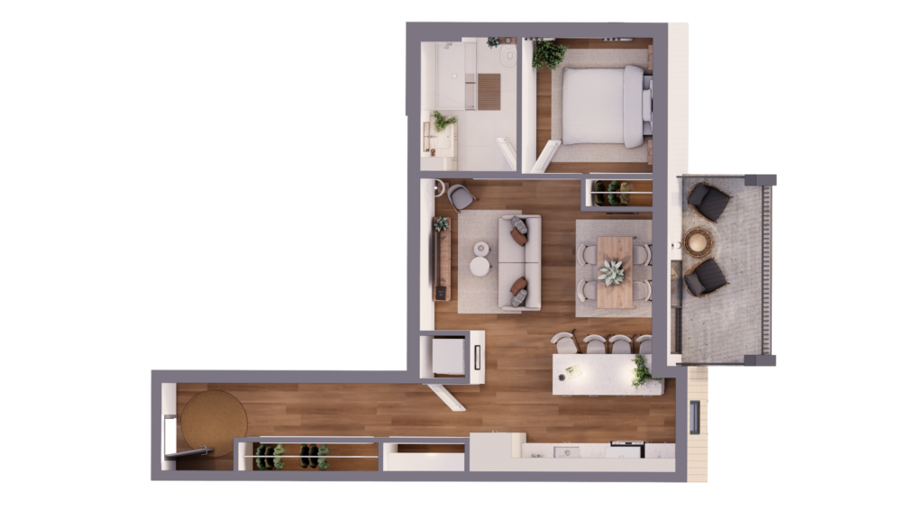 Plan 3D des appartements 102 et 202 au Bretagne, avec une chambre, une cuisine avec îlot et un balcon