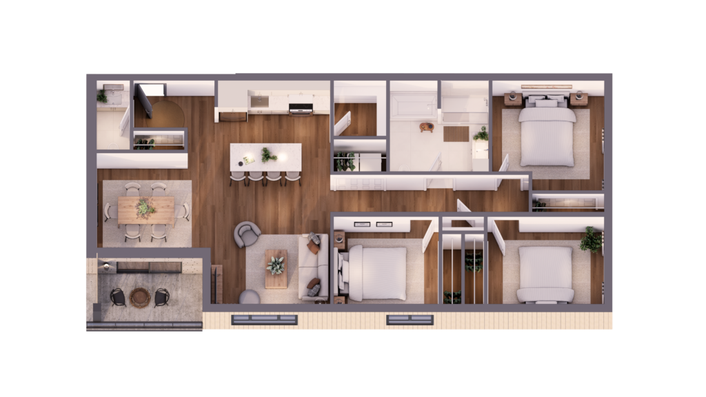 Plan 3D des appartements 103 et 203 au Bretagne, avec trois chambres, une aire de vie ouverte et un balcon