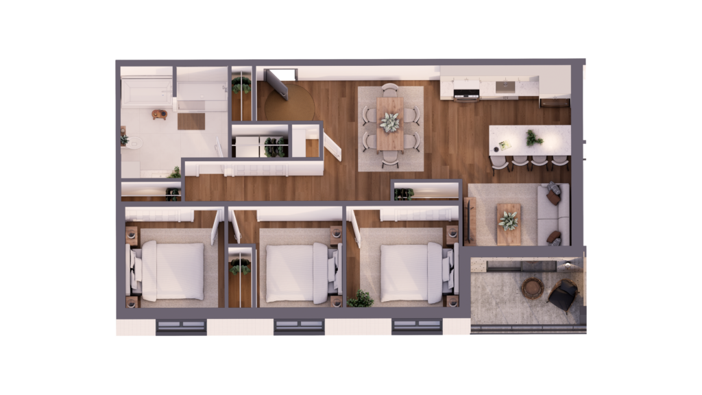 Plan 3D des appartements 104 et 204 au Bretagne, avec trois chambres, une cuisine avec îlot et un balcon