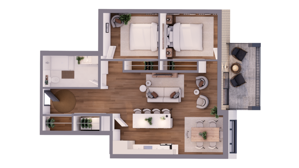 Plan 3D des appartements 105 et 205 au Bretagne, avec deux chambres, une aire de vie ouverte et un balcon