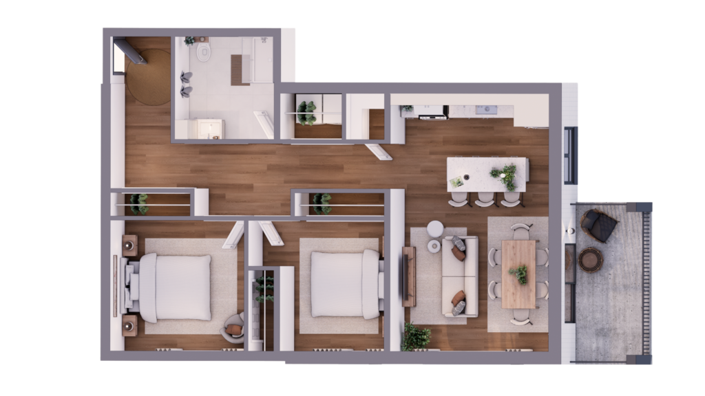 Plan 3D des appartements 106 et 206 au Bretagne, avec deux chambres, une cuisine avec îlot et un balcon